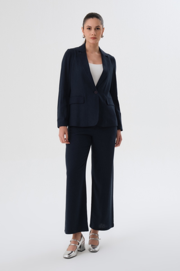 Linen Jacket and Pants Suit - Navy Blue - 1