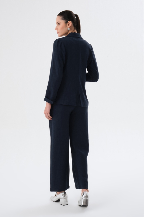 Linen Jacket and Pants Suit - Navy Blue - 2