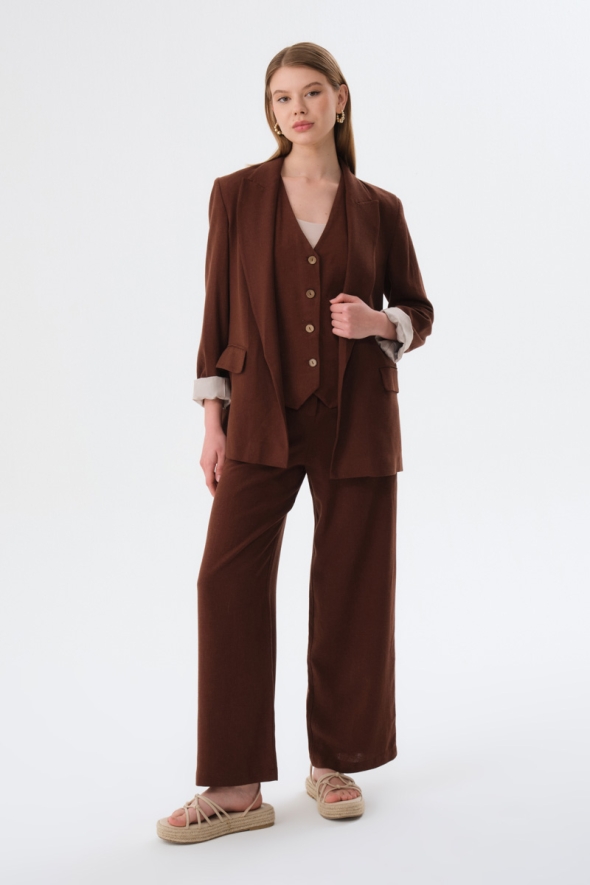 Lined Linen Jacket and Pants Suit - Brown - 1