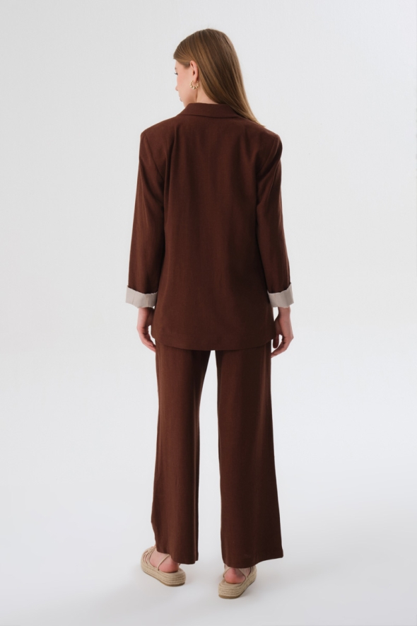 Lined Linen Jacket and Pants Suit - Brown - 2