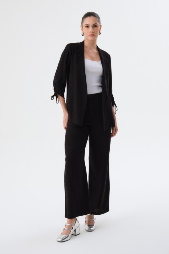 Linen Jacket and Pants Suit with Gathered Sleeves - Black - 1