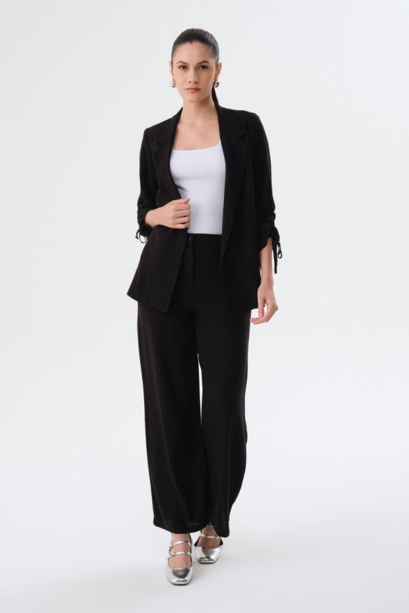 Linen Jacket and Pants Suit with Gathered Sleeves - Black - 2