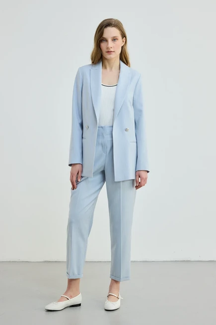 Çizgili İki Düğmeli Blazer Ceket Yüksek Bel Pantolon - Mavi - 1