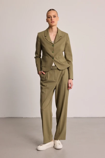 Cepli Blazer Ceket Beli Kemerli Kumaş Pantolon - Haki - 1