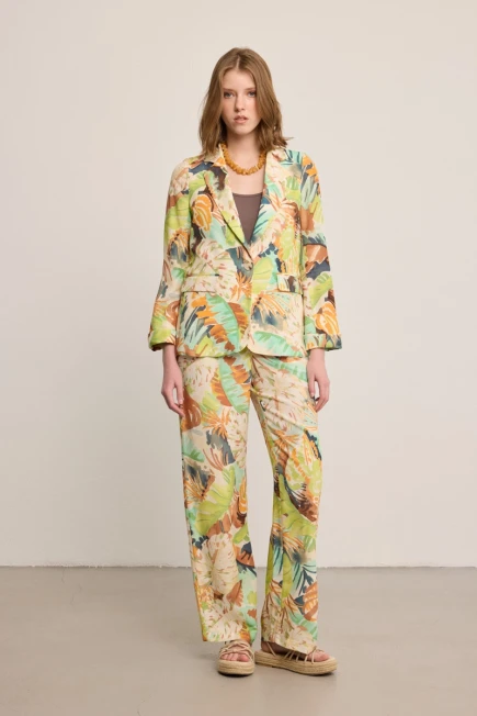 Desenli Keten Blazer Pantolon - Çok Renkli - 1