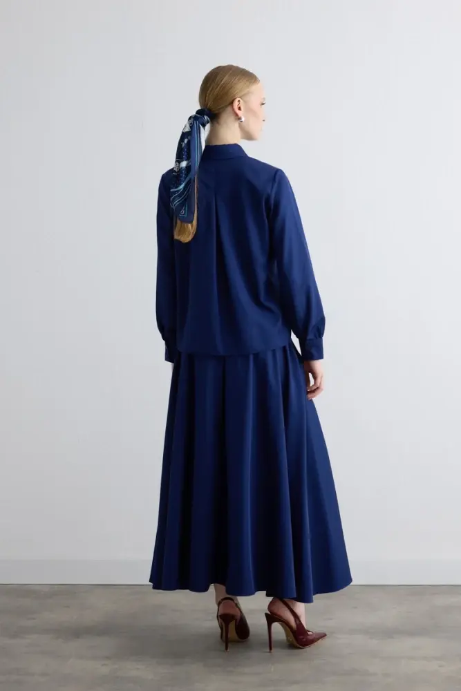 Paraşüt Kumaş Gömlek & Büzgülü Etek - Lacivert Takım - 2