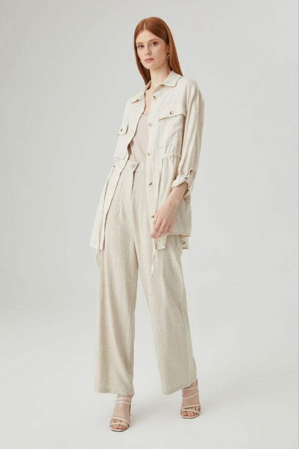 Linen Suit with Drawstring Waist Jacket and Pants - Beige - 2