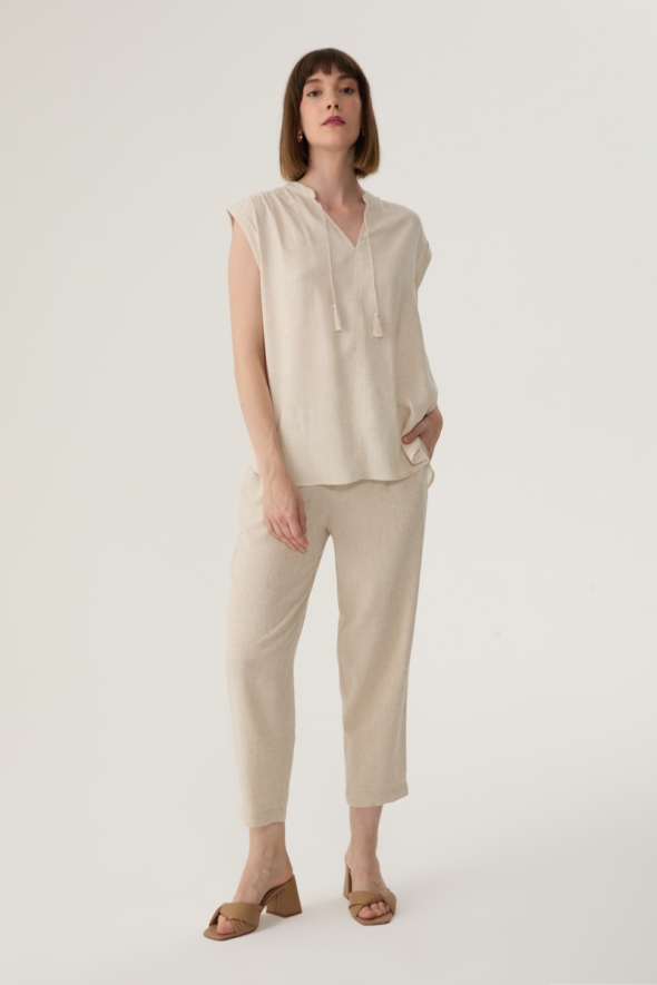 Fringed Linen Blouse and Pants Set - Beige - 1