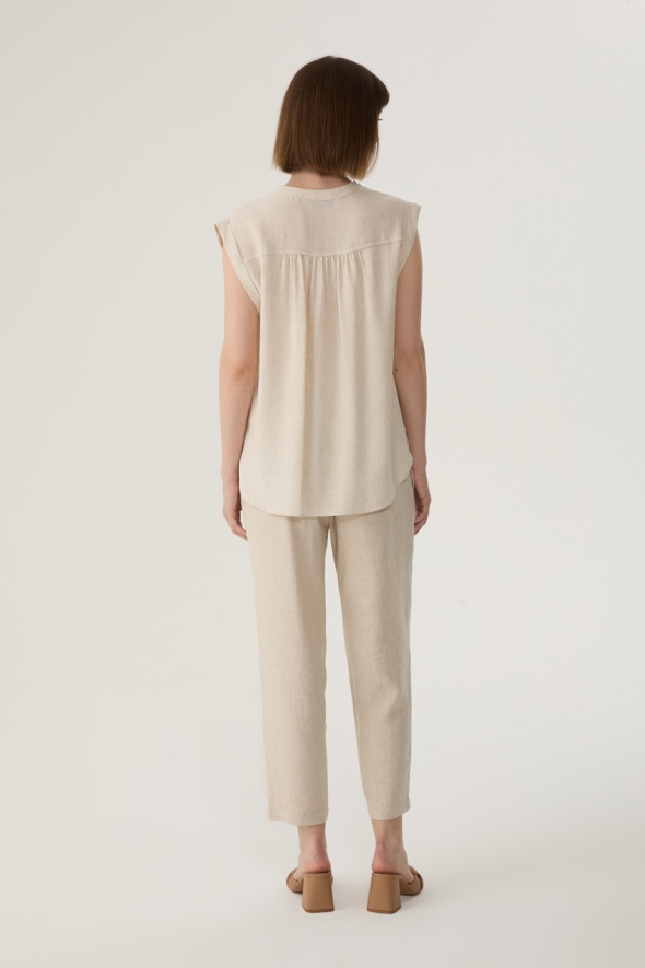 Fringed Linen Blouse and Pants Set - Beige - 2