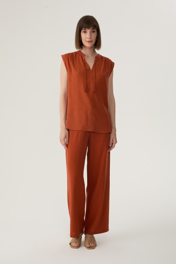 Fringed Linen Blouse and Pants Set - Terracotta - 1