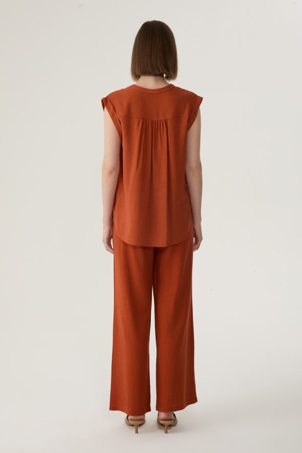 Fringed Linen Blouse and Pants Set - Terracotta - 2