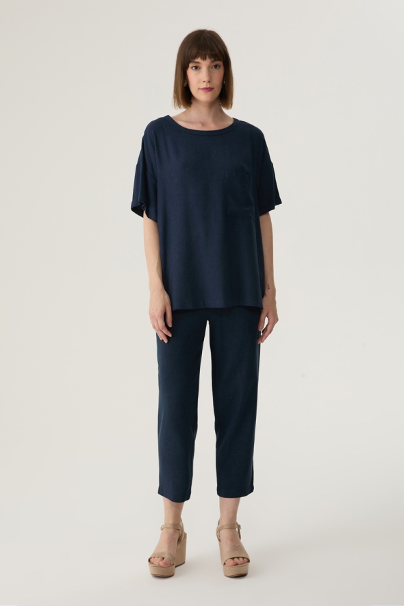 Dropped Shoulder Linen Blouse and Pants Set - Navy Blue - 1