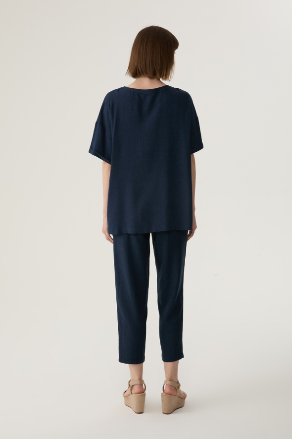 Dropped Shoulder Linen Blouse and Pants Set - Navy Blue - 2