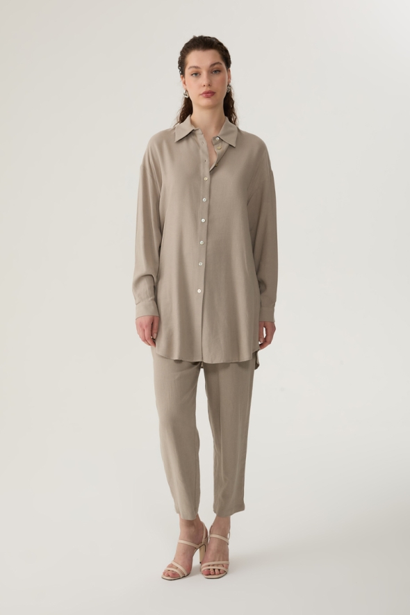 Oversized Linen Shirt and Pants Set - Taupe - 1