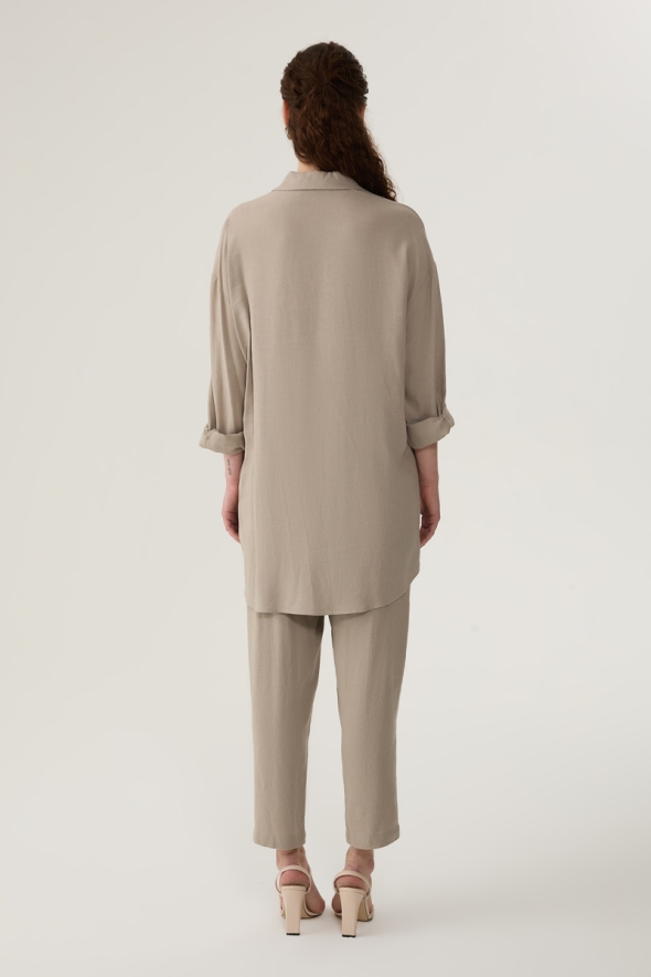 Oversized Linen Shirt and Pants Set - Taupe - 2