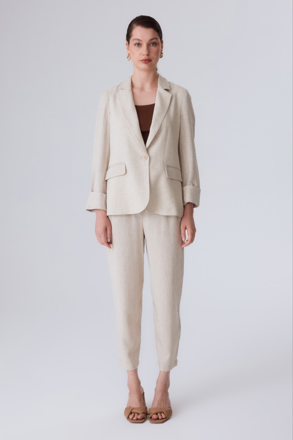 Unlined Linen Jacket and Pants Set - Beige - 1