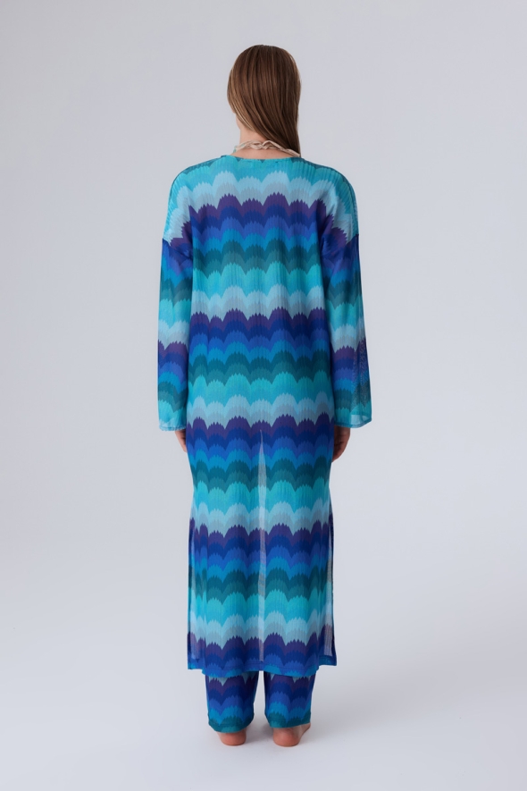  Ethnic Pattern Raschel Knit Kimono and Pants Set - Blue - 3