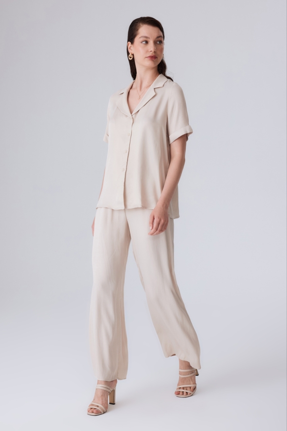 Short Sleeve Satin Shirt and Pants Set - Stone - 1