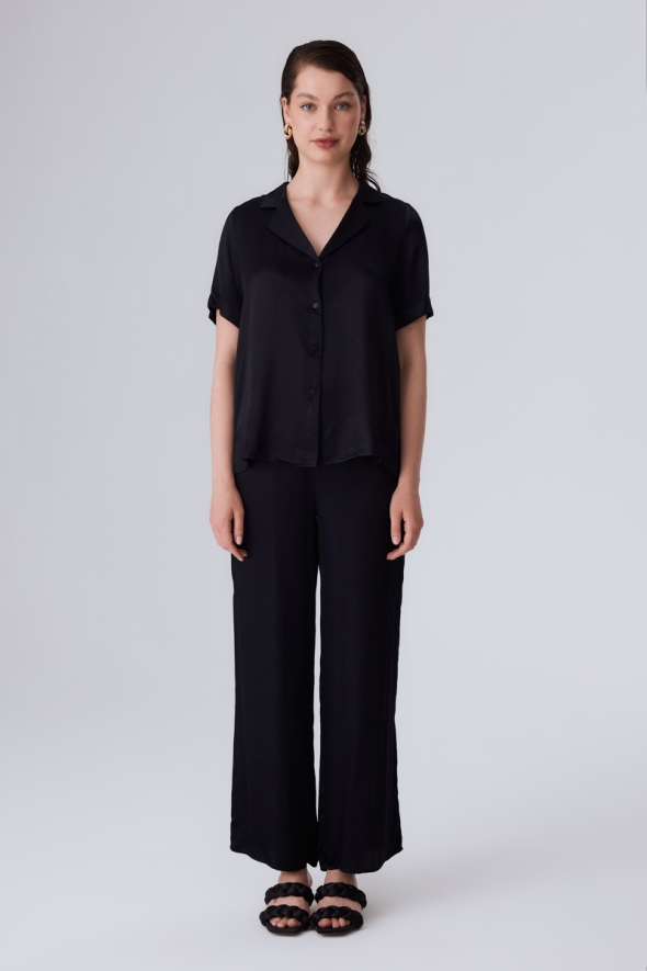 Short Sleeve Satin Shirt and Pants Set - Black - 1