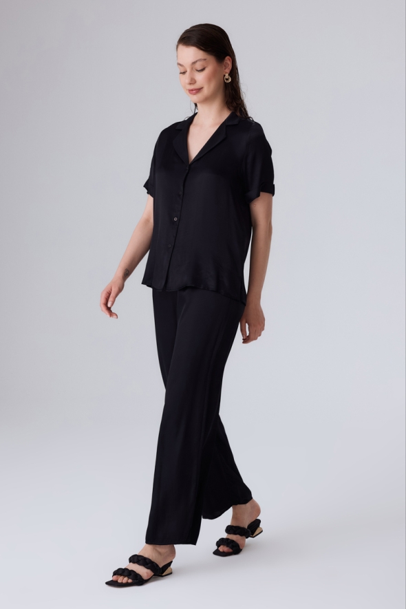 Short Sleeve Satin Shirt and Pants Set - Black - 2