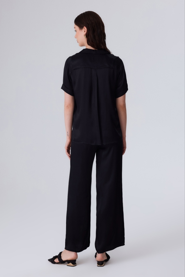 Short Sleeve Satin Shirt and Pants Set - Black - 3