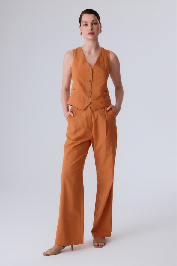 Cotton Linen Vest and Pants Set - Orange - 1