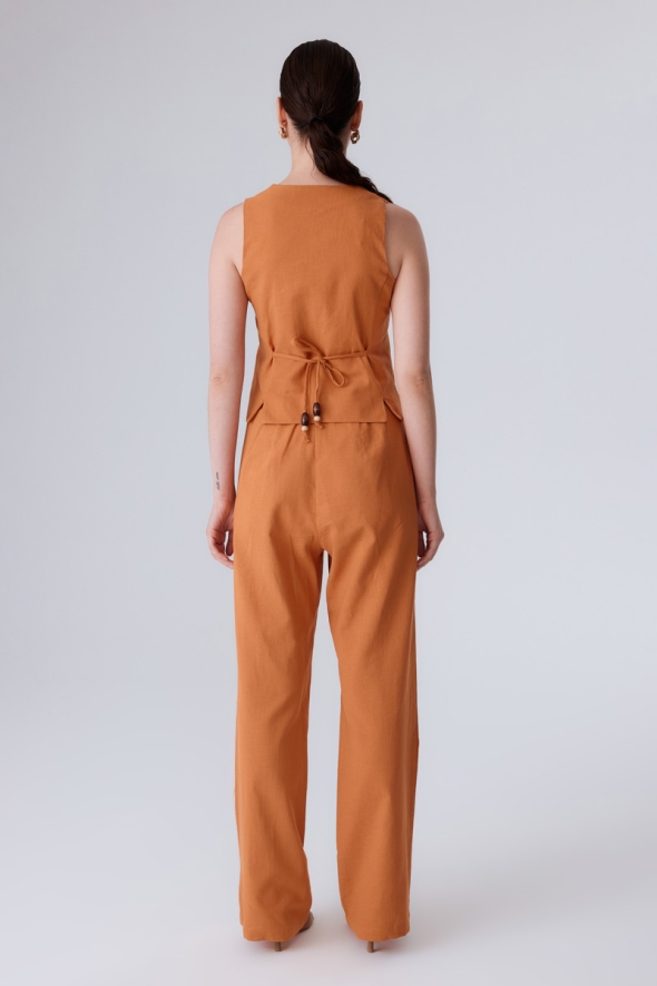 Cotton Linen Vest and Pants Set - Orange - 2