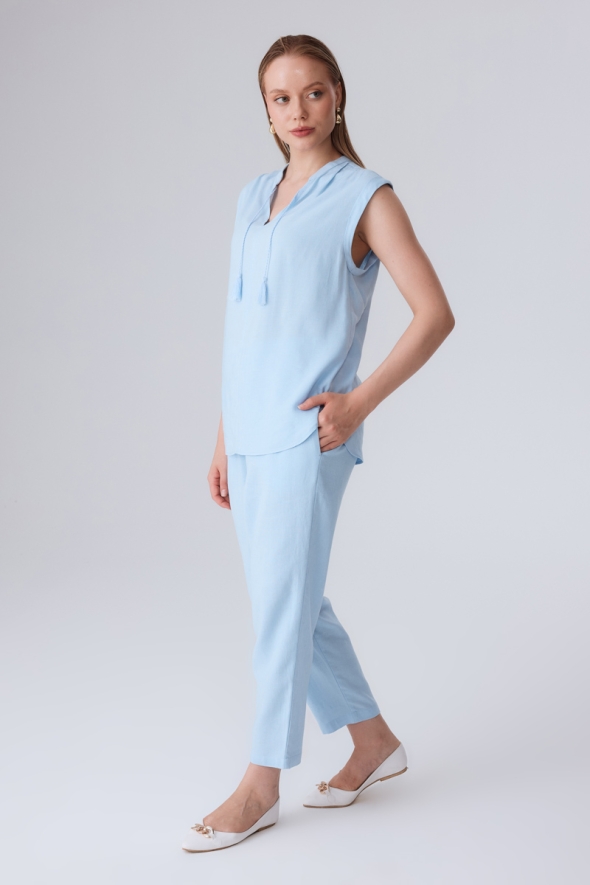 Fringed Linen Blouse and Pants Set - Baby Blue - 2