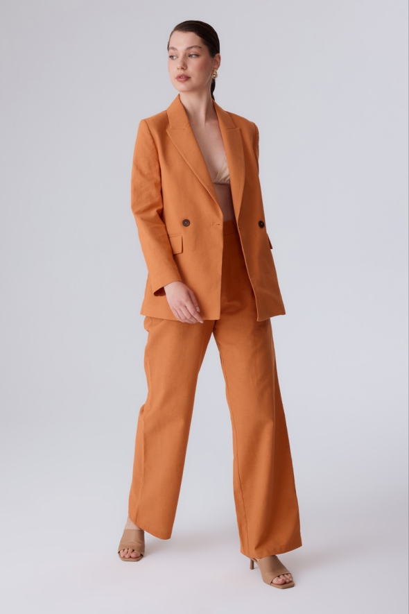 Two-Button Cotton Linen Jacket and Pants Set - Orange - 2