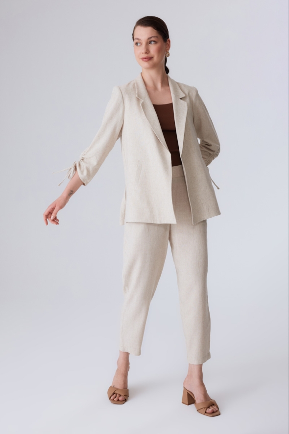 Gathered Sleeve Linen Jacket and Pants Set - Beige - 2