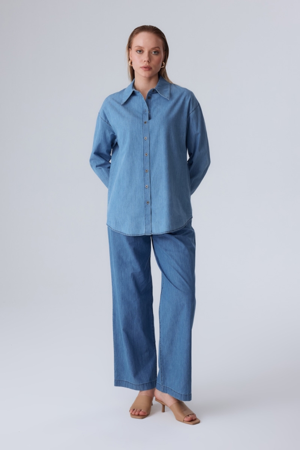 Oversized Denim Shirt and Pants Set - Blue - 1