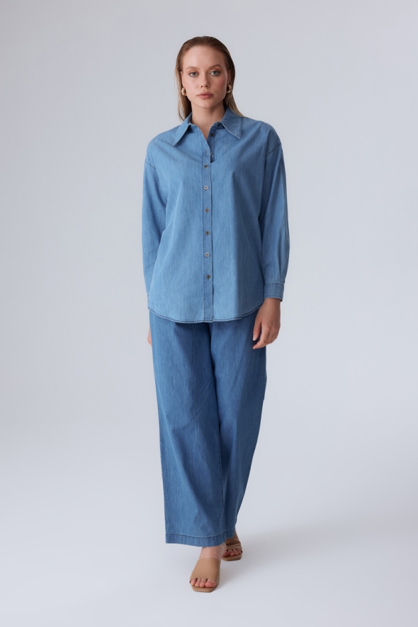 Oversized Denim Shirt and Pants Set - Blue - 2