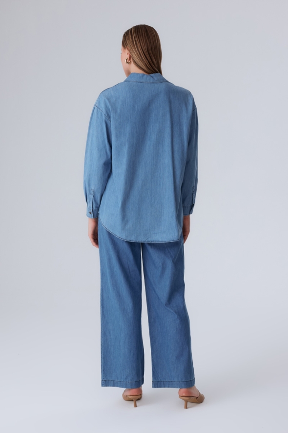 Oversized Denim Shirt and Pants Set - Blue - 3