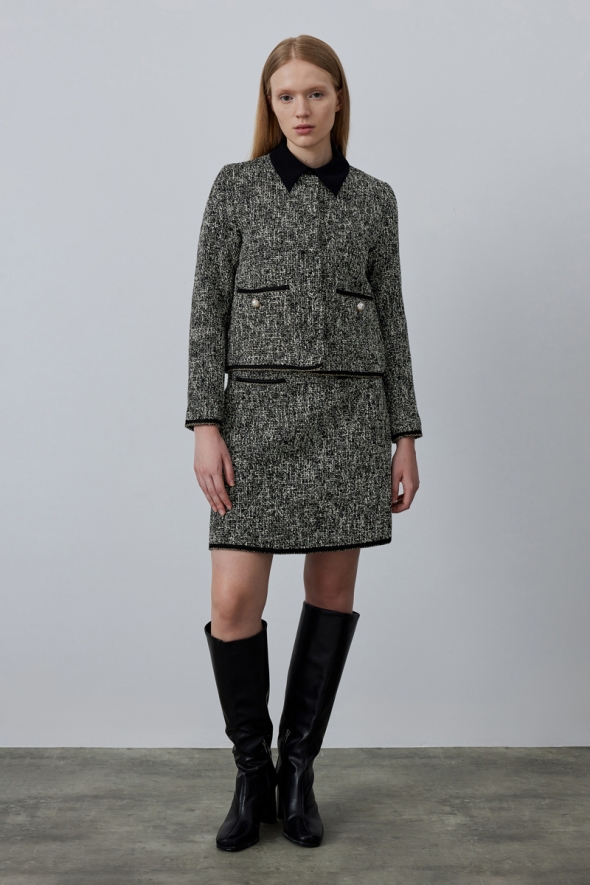 Silvery Tweed Jacket Skirt Set - Black - 1