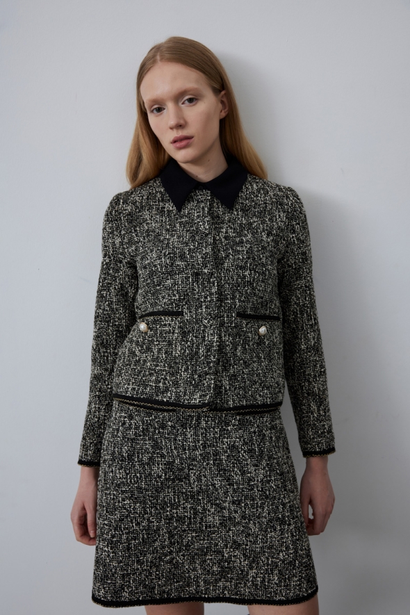 Silvery Tweed Jacket Skirt Set - Black - 2