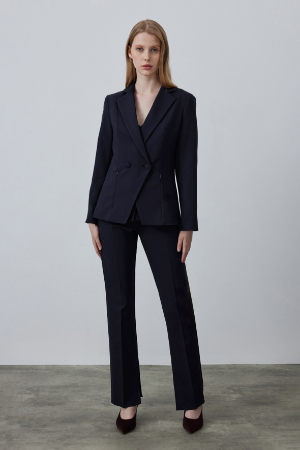 Jacket Pants Suit with Two Buttons and Zippered Pockets - Navy Blue - 1