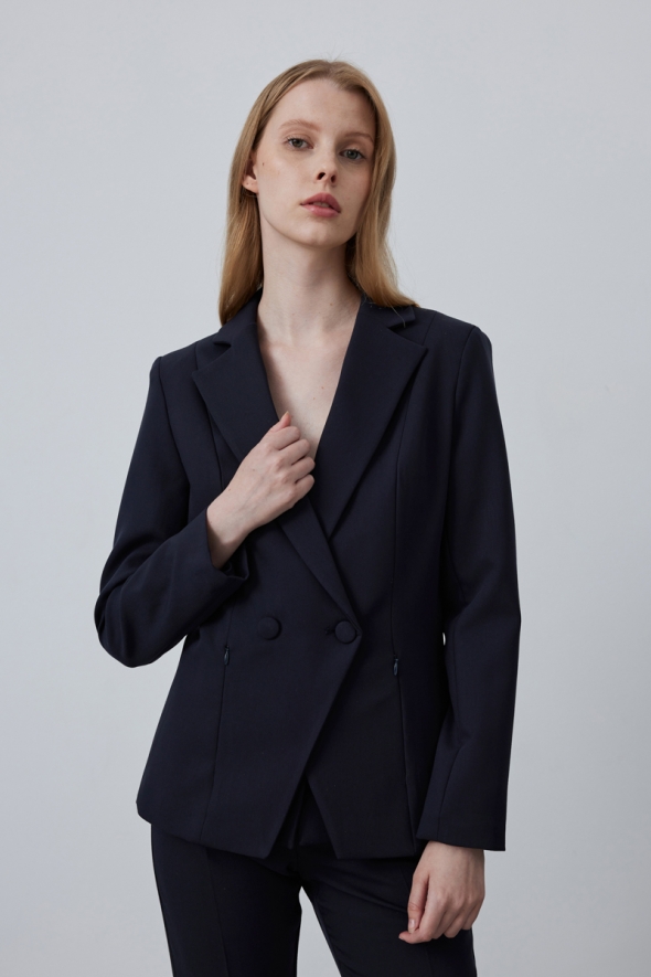 Jacket Pants Suit with Two Buttons and Zippered Pockets - Navy Blue - 2