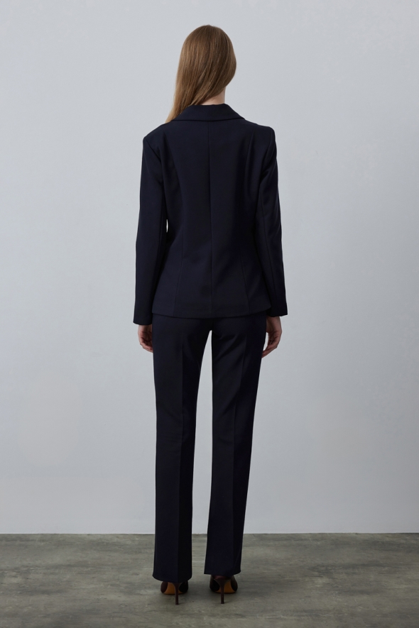 Jacket Pants Suit with Two Buttons and Zippered Pockets - Navy Blue - 3