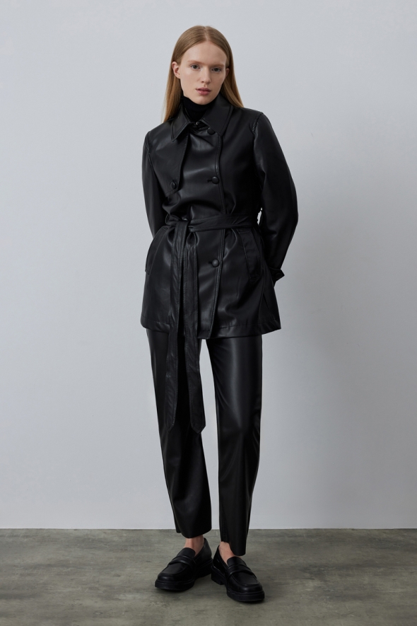 Leather Trench Coat Pants Set - Black - 1