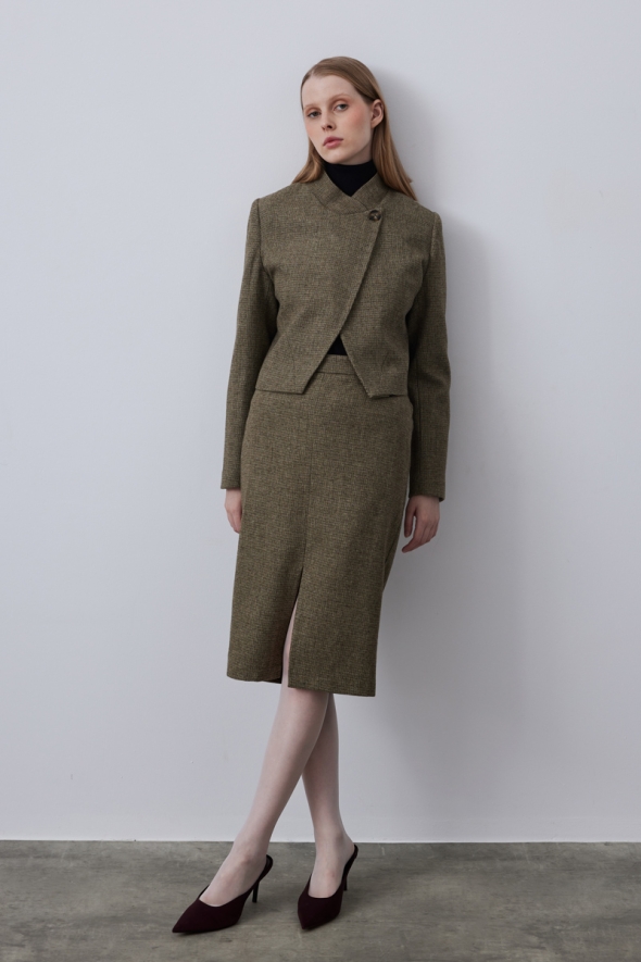 One Button Short Jacket Skirt Suit - Khaki - 2