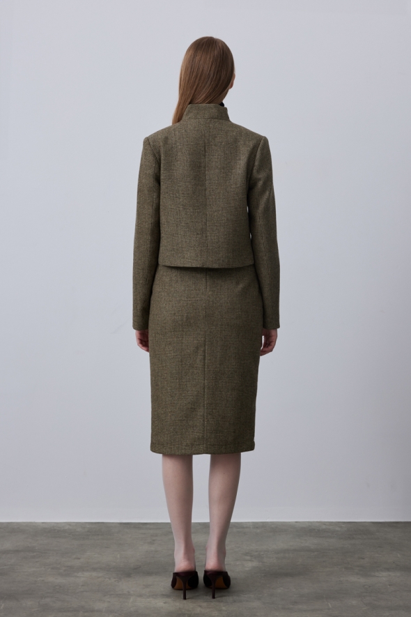 One Button Short Jacket Skirt Suit - Khaki - 3