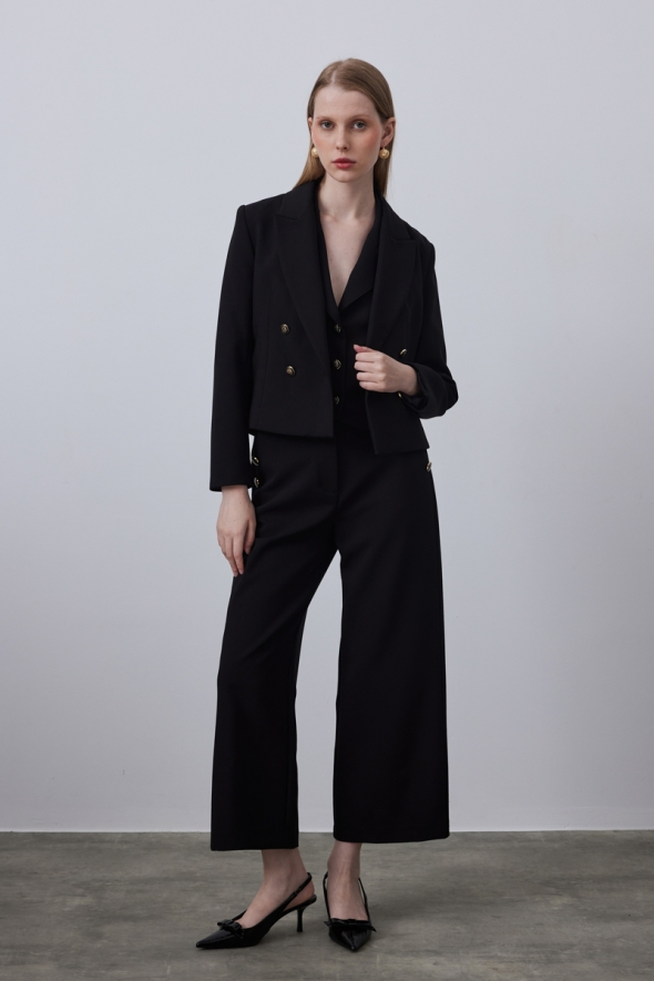 Double-breasted Blazer Jacket Trouser Set - Black - 2