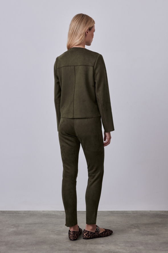 Suede Jacket Pants Suit with Snap Front - Khaki - 2