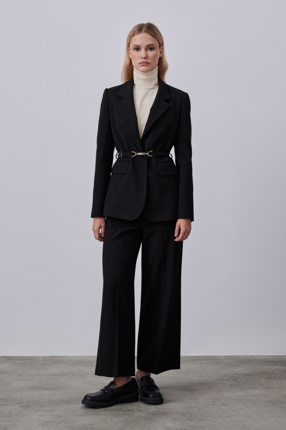 Classic Jacket Pants Suit with Waist Belt - Black - 1