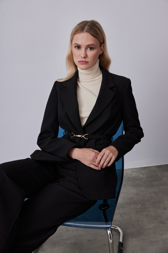 Classic Jacket Pants Suit with Waist Belt - Black - 2