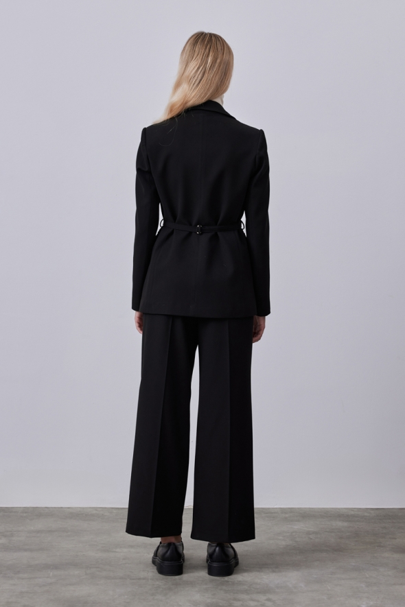 Classic Jacket Pants Suit with Waist Belt - Black - 3