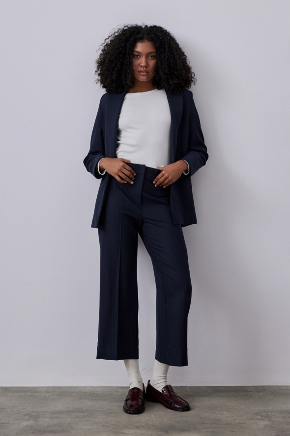 Striped Classic Blazer Pant Set - Navy Blue - 2