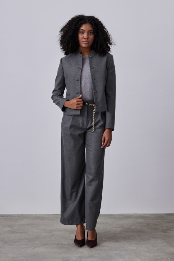 Silvery Striped Judge Collar Jacket Pants Suit - Grey - 1