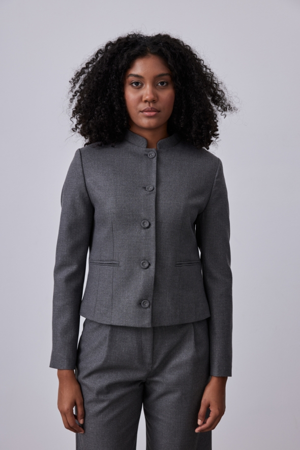 Silvery Striped Judge Collar Jacket Pants Suit - Grey - 2