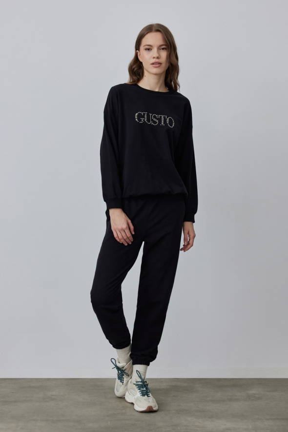 Gusto Stone Embroidered Tracksuit Set - Black - 1